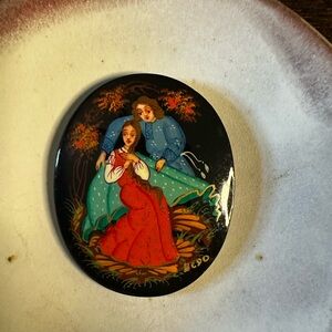 Vintage Hand Painted Artist Signed Brooch Pin Black Lacquer Russian Folk Art
